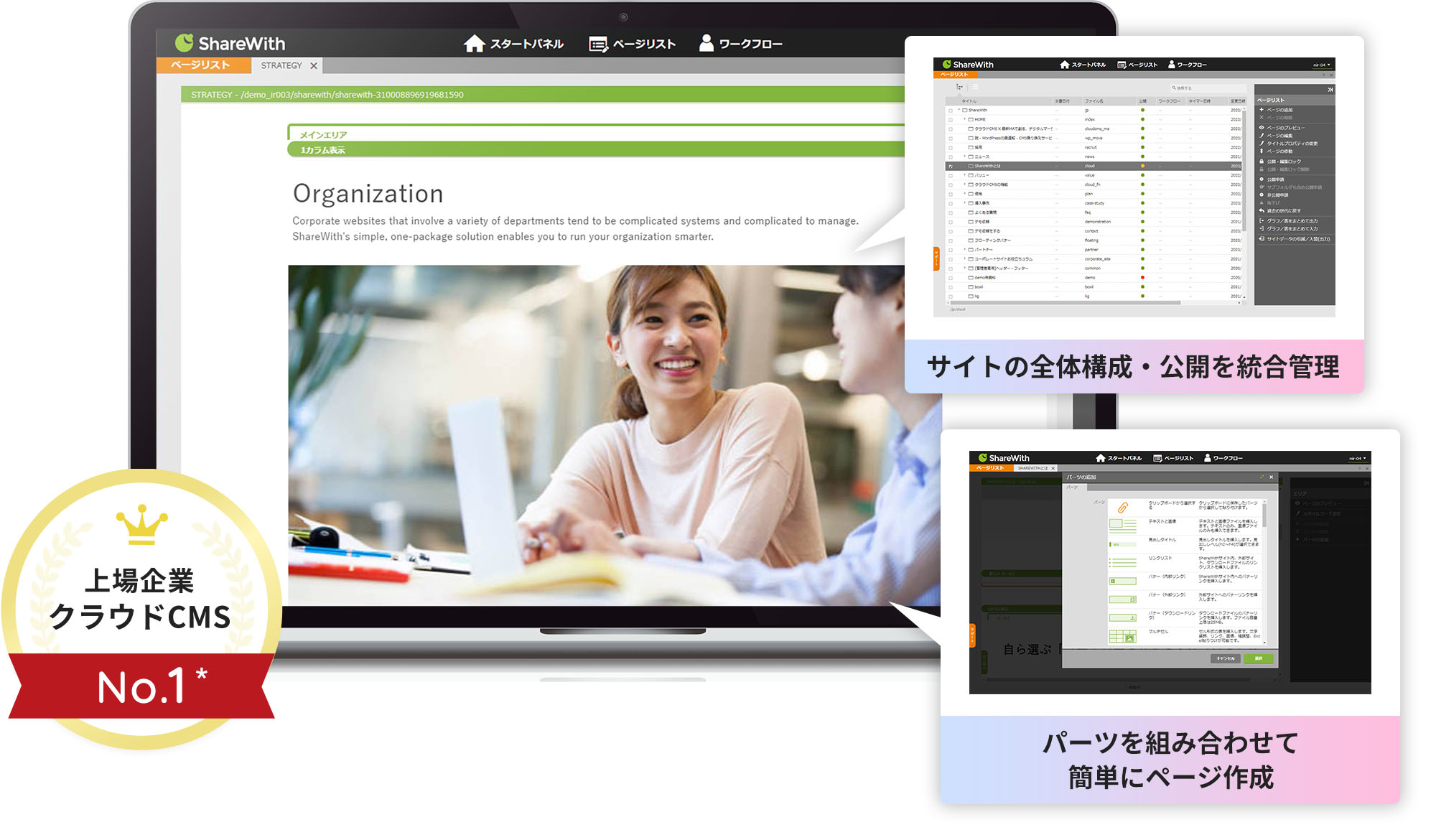 上場企業 クラウドCMS No.1 サイトの全体構成・公開を統合管理 パーツを組み合わせて簡単にページ作成
