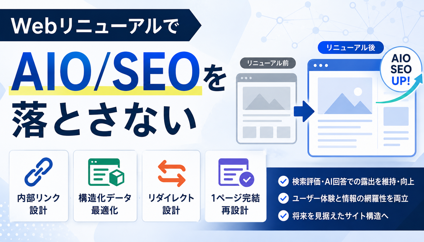 WebリニューアルでAIO/SEOを落とさない内部リンク・構造化データ・リダイレクト設計を解説